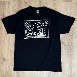 Gildan Graphic T-Shirt Keith Haring DJ Black Large Streetwear Art